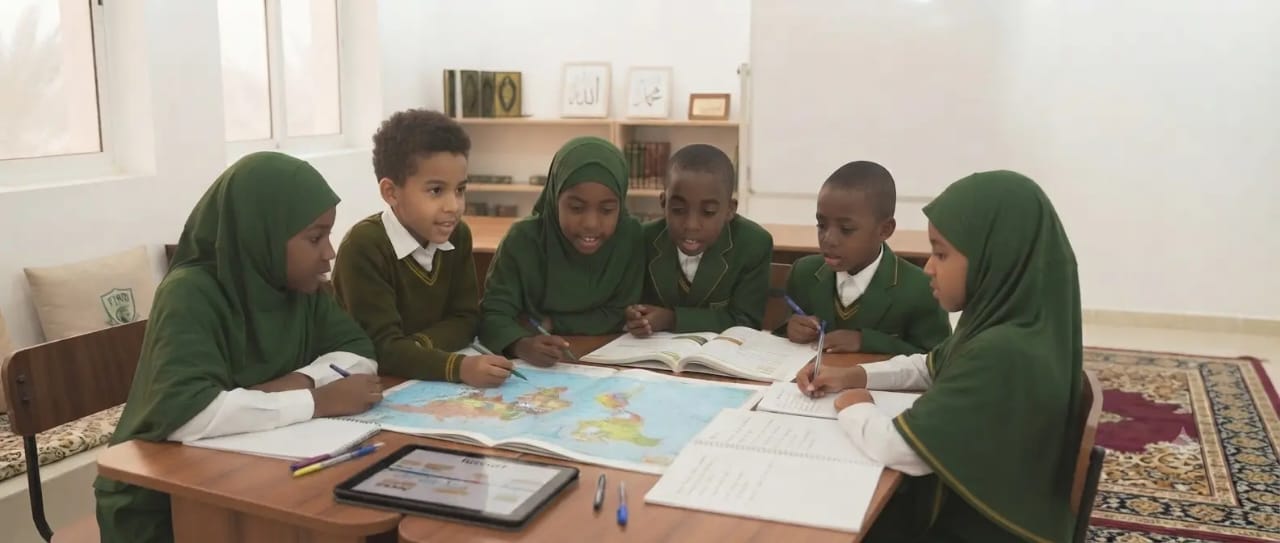 Muslim boys sitting together in a school classroom